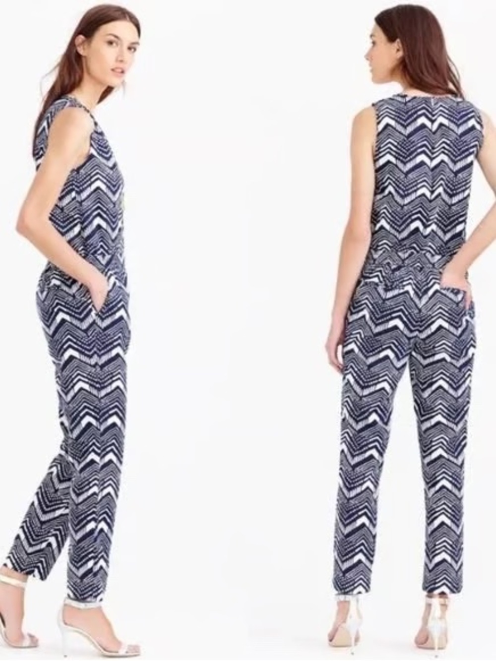 J. Crew Linen Blend Navy And White Chevron Sleeveless Jumpsuit Size 2